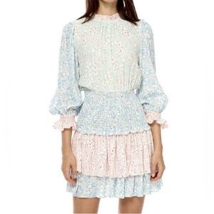 Stellah Long Sleeve Multi Floral Smocked Waistband Mini Dress, Size S